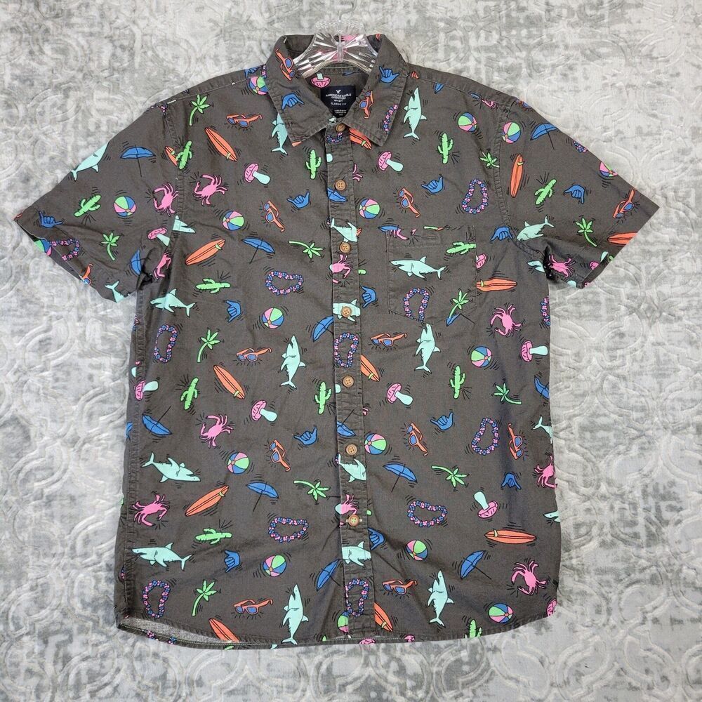American Eagle Shirt Mens Medium Gray Hawaiian Surf Mushroom Shark Casual Beach